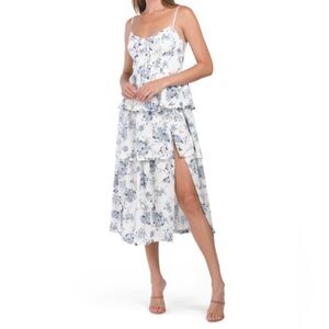 House of Harlow 1960 Linen Blend Blue Floral Tiered Midi Dress With Lace